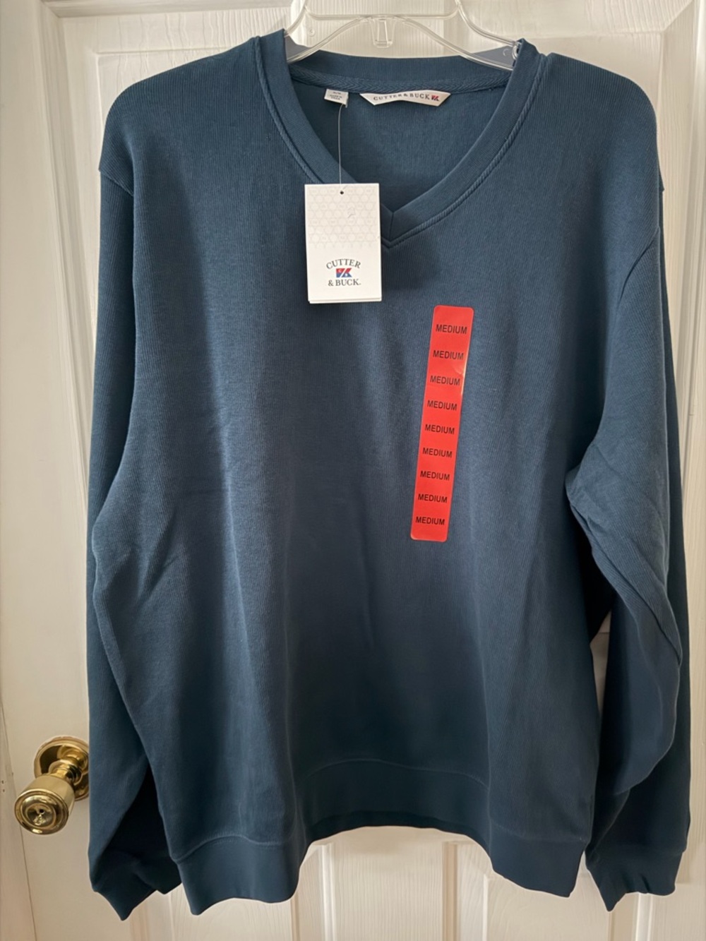 Cutter & Buck Men's V-Neck Sweater in Slate Blue with Red Tag